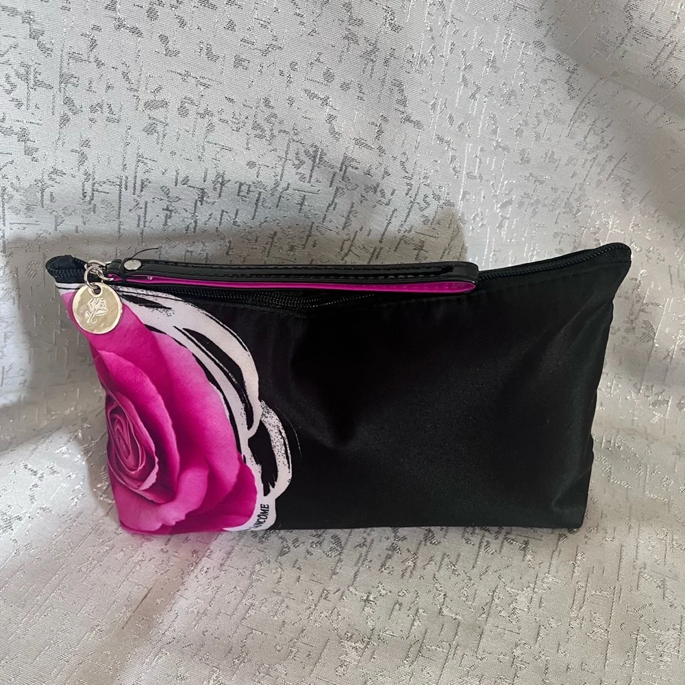 Lancome Paris Black and Pink Cosmetic Bag with Floral Accent